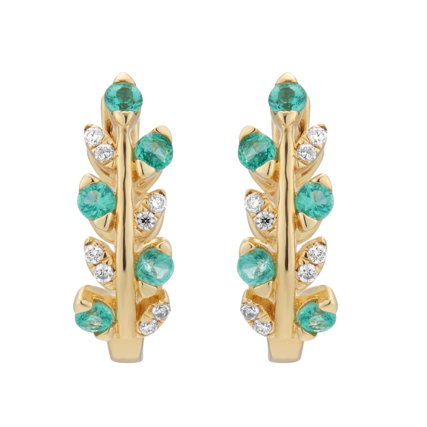 Goldsmiths 9ct Yellow Gold Diamond and Emerald Leaf Hoop Earrings Goldsmiths 9ct Yellow Gold Diamond and Emerald Leaf Hoop Earrings