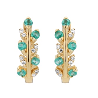 Goldsmiths 9ct Yellow Gold Diamond and Emerald Leaf Hoop Earrings