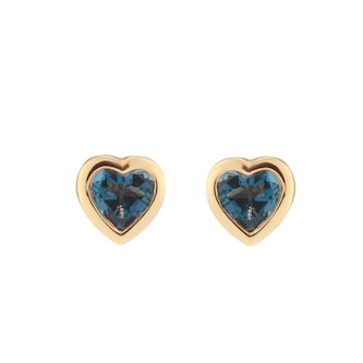 Goldsmiths 9ct Yellow Gold 4mm London Blue Topaz Bezel Set Heart Stud Earrings
