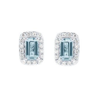 Goldsmiths 9ct White Gold 0.15cttw Diammond and Emerald Cut Aquamarine Halo Stud Earrings Goldsmiths 9ct White Gold 0.15cttw Diammond and Emerald Cut Aquamarine Halo Stud Earrings
