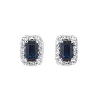 Mappin & Webb 18ct White Gold Emerald Cut Sapphire & 0.15cttw Diamond Halo Pendant Mappin & Webb 18ct White Gold Emerald Cut Sapphire & 0.15cttw Diamond Halo Pendant