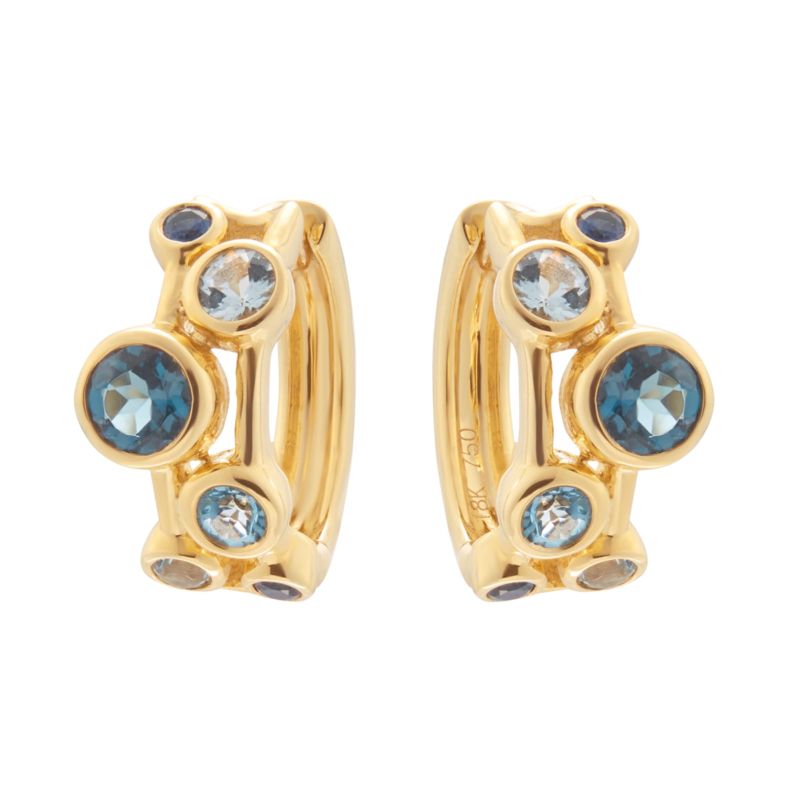 Goldsmiths 18ct Yellow Gold Sapphire Aquamarine and Blue Topaz Bezel Set 10mm Hoop Earrings Goldsmiths 18ct Yellow Gold Sapphire Aquamarine and Blue Topaz Bezel Set 10mm Hoop Earrings