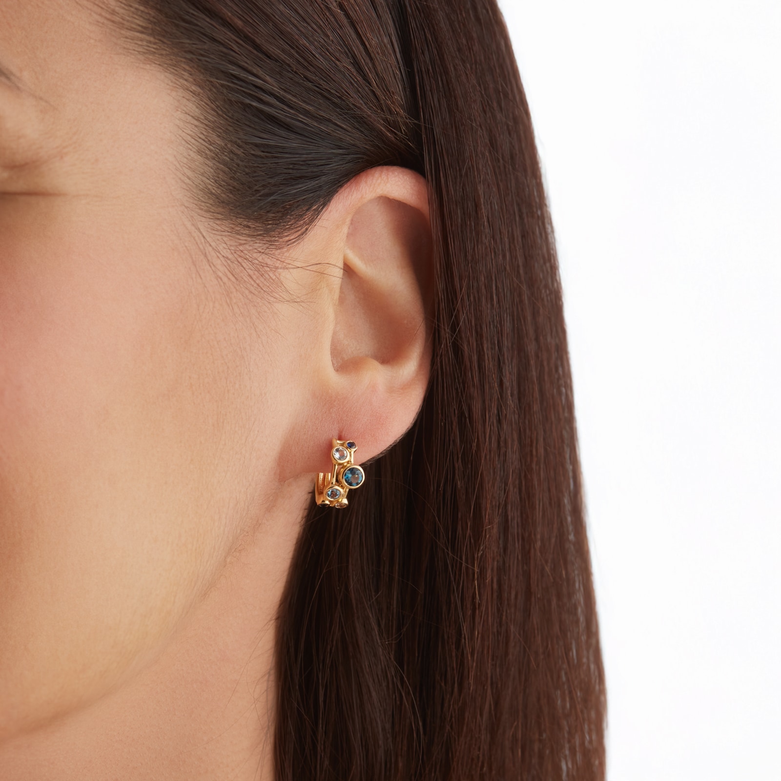 Goldsmiths 18ct Yellow Gold Sapphire Aquamarine and Blue Topaz Bezel Set 10mm Hoop Earrings Goldsmiths 18ct Yellow Gold Sapphire Aquamarine and Blue Topaz Bezel Set 10mm Hoop Earrings