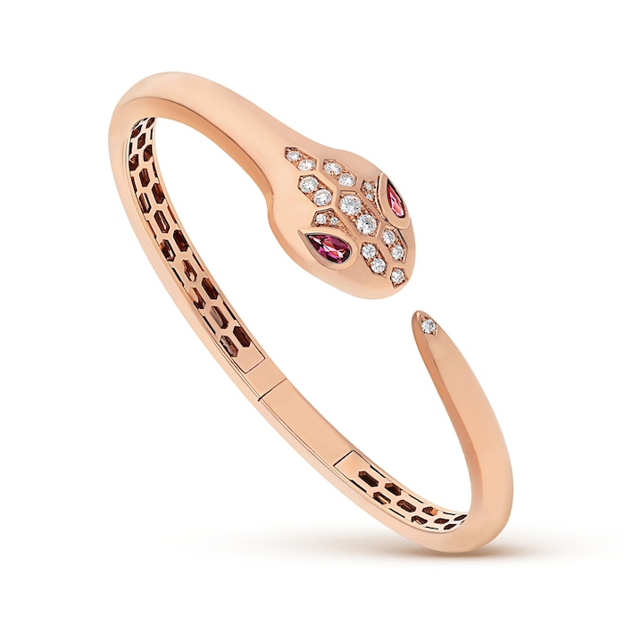 Bvlgari Jewelry 18k Rose Gold 0.30cttw Pave Diamond and Rubellite Serpenti Bracelet Size Medium