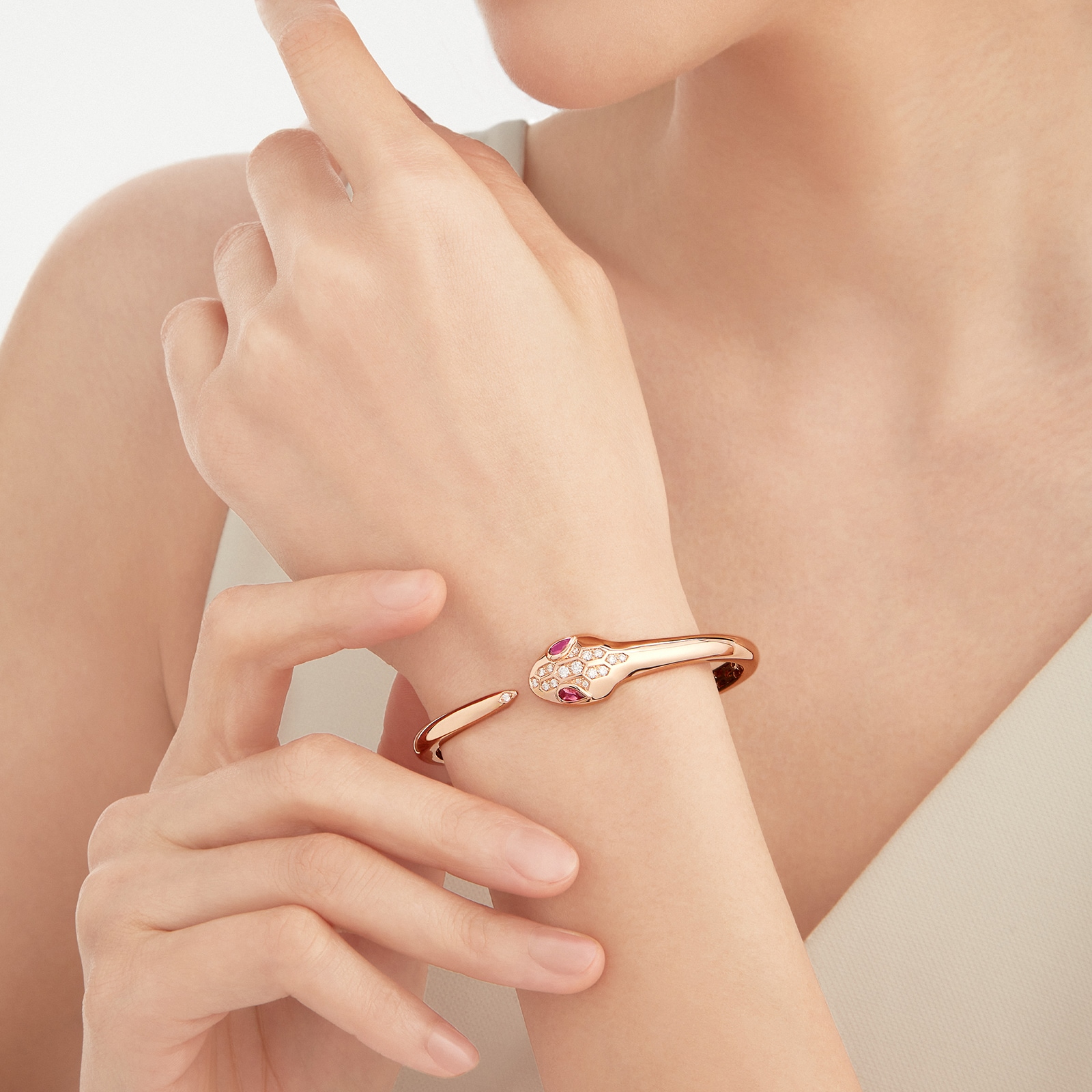 Bvlgari Jewelry 18k Rose Gold 0.30cttw Pave Diamond and Rubellite Serpenti Bracelet Size Medium