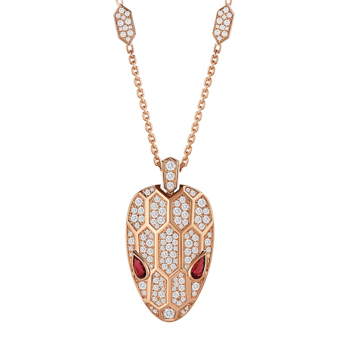 Bvlgari Jewelry 18k Rose Gold Serpenti 2.07cttw Diamond and Rubellite Necklace 16-17 Inch