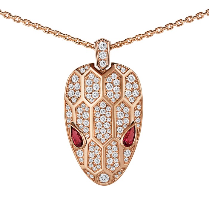 Bvlgari Jewelry 18k Rose Gold Serpenti 2.07cttw Diamond and Rubellite Necklace 16-17 Inch