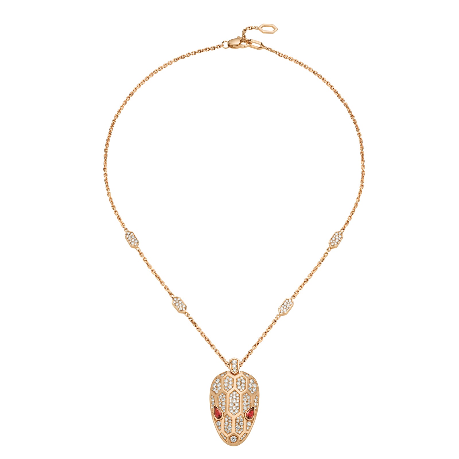 Bvlgari Jewelry 18k Rose Gold Serpenti 2.07cttw Diamond and Rubellite Necklace 16-17 Inch