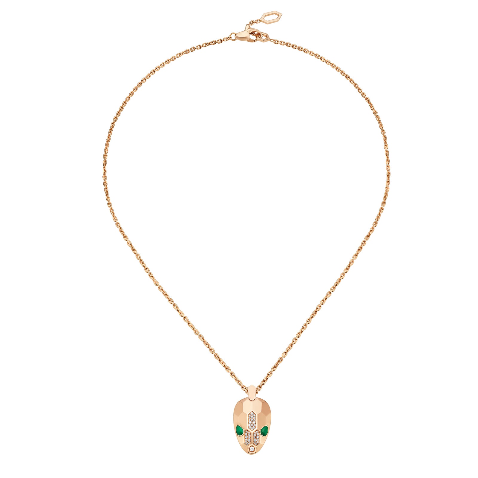 Bvlgari Jewelry 18k Rose Gold Serpenti 0.21cttw Diamond and Malachite  Necklace - 16-17 Inch