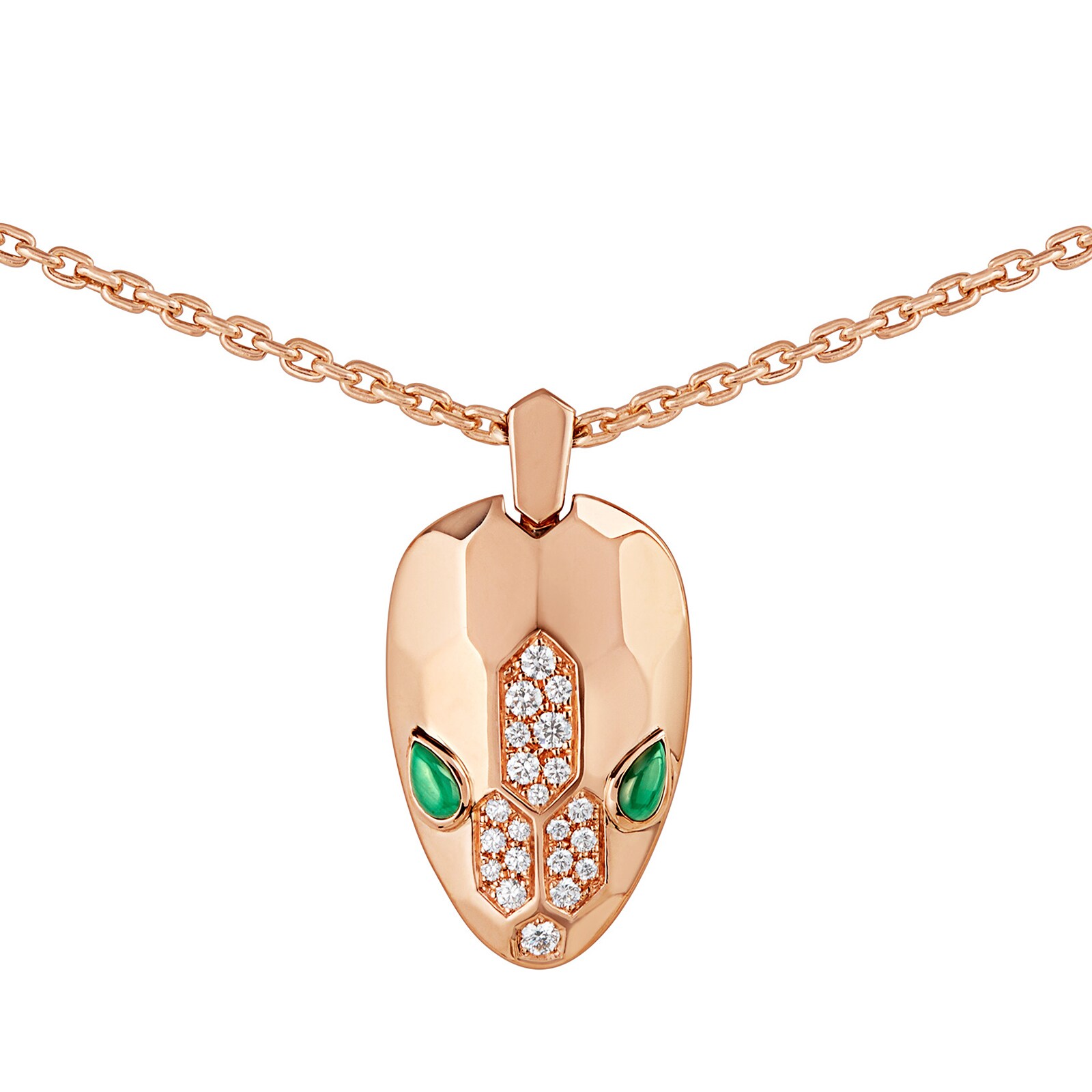 Bvlgari Jewelry 18k Rose Gold Serpenti 0.21cttw Diamond and Malachite  Necklace - 16-17 Inch