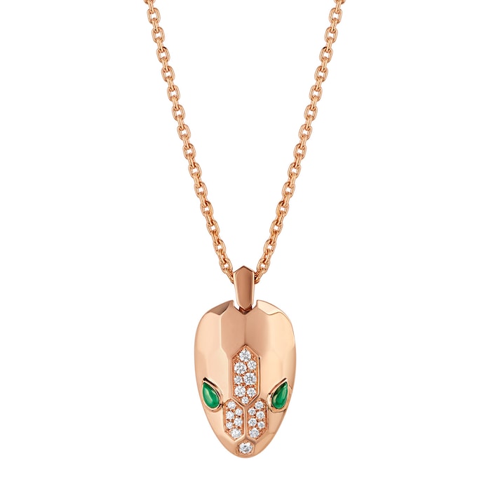 Bvlgari Jewelry 18k Rose Gold Serpenti 0.21cttw Diamond and Malachite Necklace - 16-17 Inch
