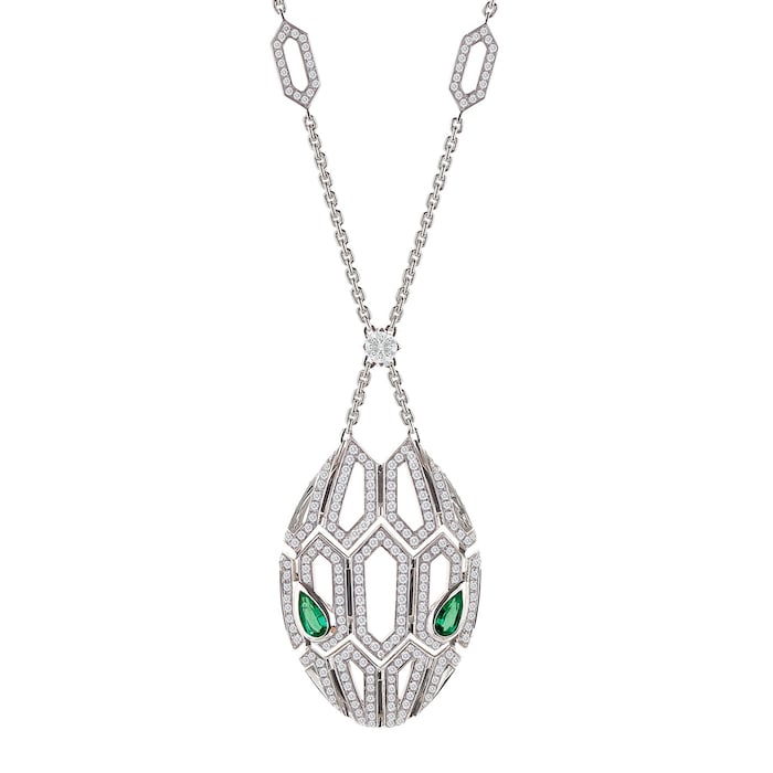 Bvlgari Jewelry 18k White Gold 2.45cttw Diamond and Emerald Serpenti Necklace 17-18"