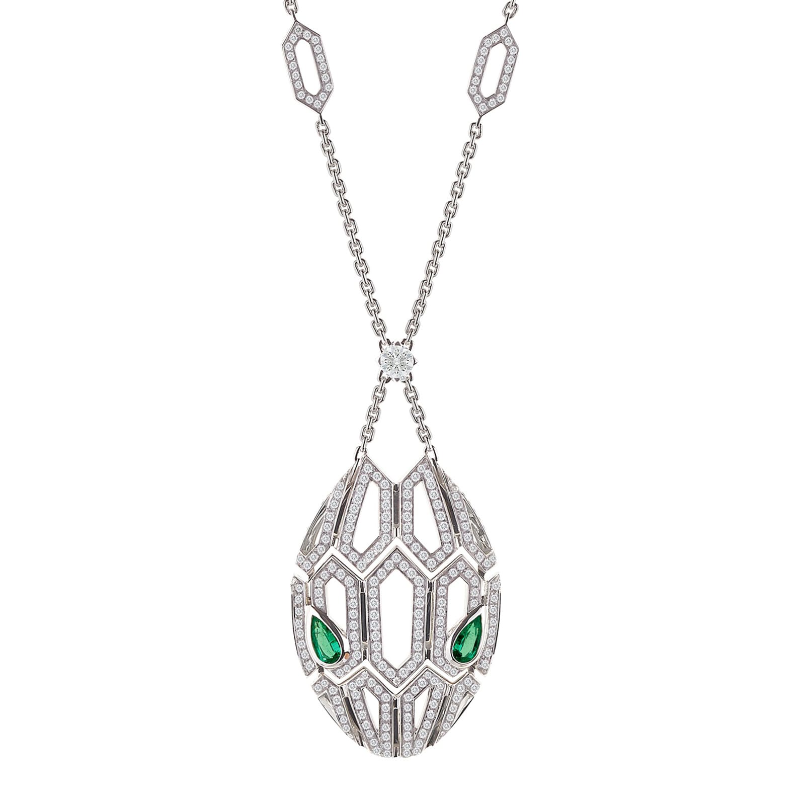 Bvlgari Jewelry 18k White Gold 2.45cttw Diamond and Emerald Serpenti Necklace 17-18" Bvlgari Jewelry 18k White Gold 2.45cttw Diamond and Emerald Serpenti Necklace 17-18"