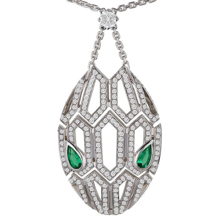 Bvlgari Jewelry 18k White Gold 2.45cttw Diamond and Emerald Serpenti  Necklace 17-18 352752