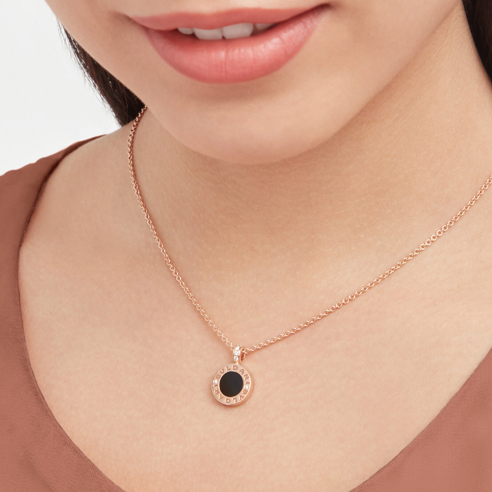 Bvlgari Jewelry 18k Rose Gold Bvlgari Bvlgari 0.11cttw Diamond and Mother of Pearl & Black Onyx Necklace 15-18 Inch