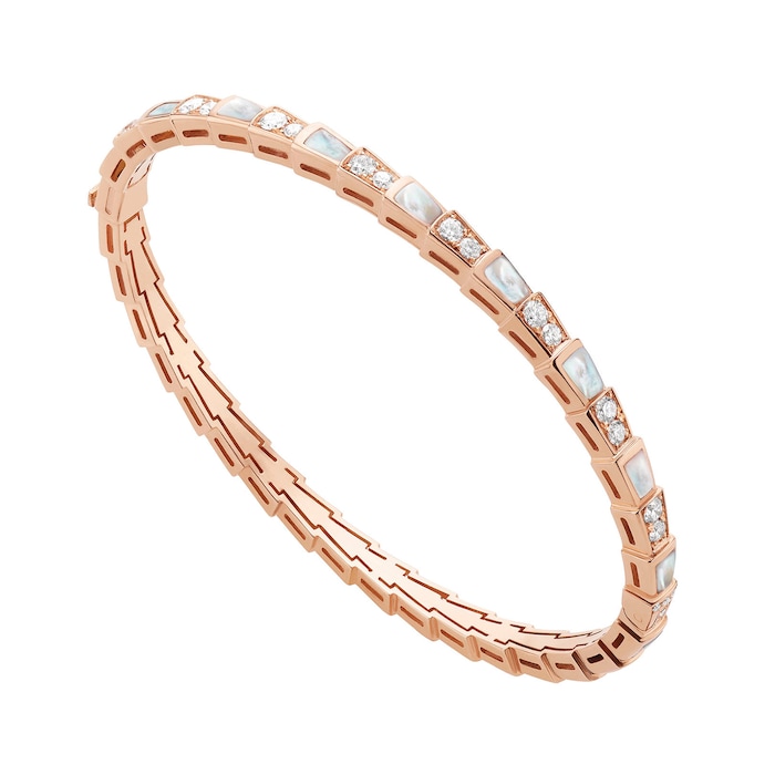 BVLGARI JEWELRY 18k Rose Gold Serpenti Mother of Pearl and 0.93cttw Diamond Bangle - Size Small