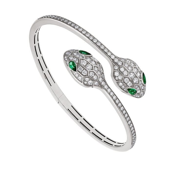 Bvlgari Jewelry 18k White Gold 1.68cttw Diamond and 0.45cttw Emerald Serpenti Bracelet Size Small