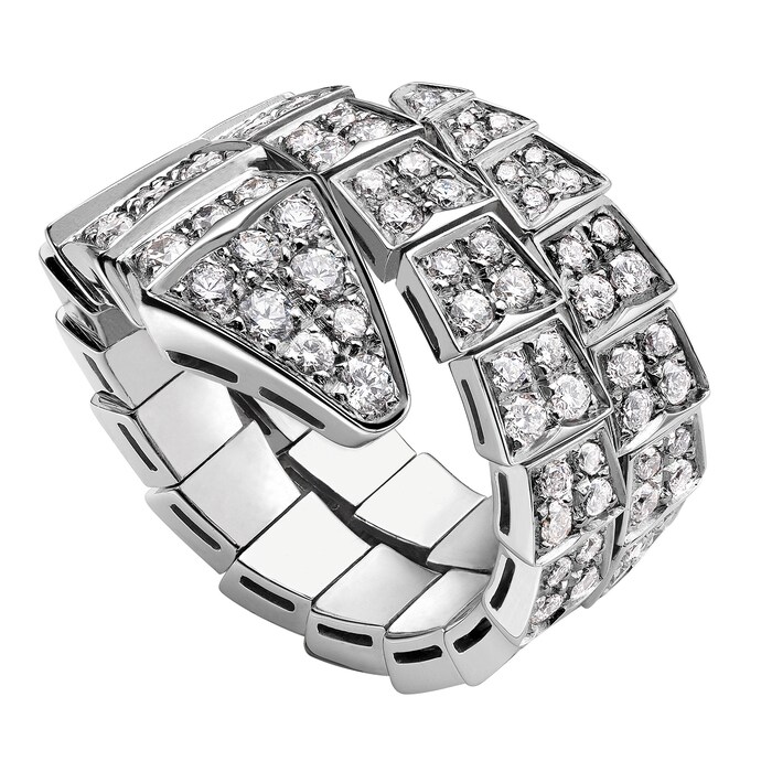 Bvlgari Jewelry 18k White Gold Serpenti Viper 2.77cttw 2 Row Full Pave Diamond Ring - Size Medium