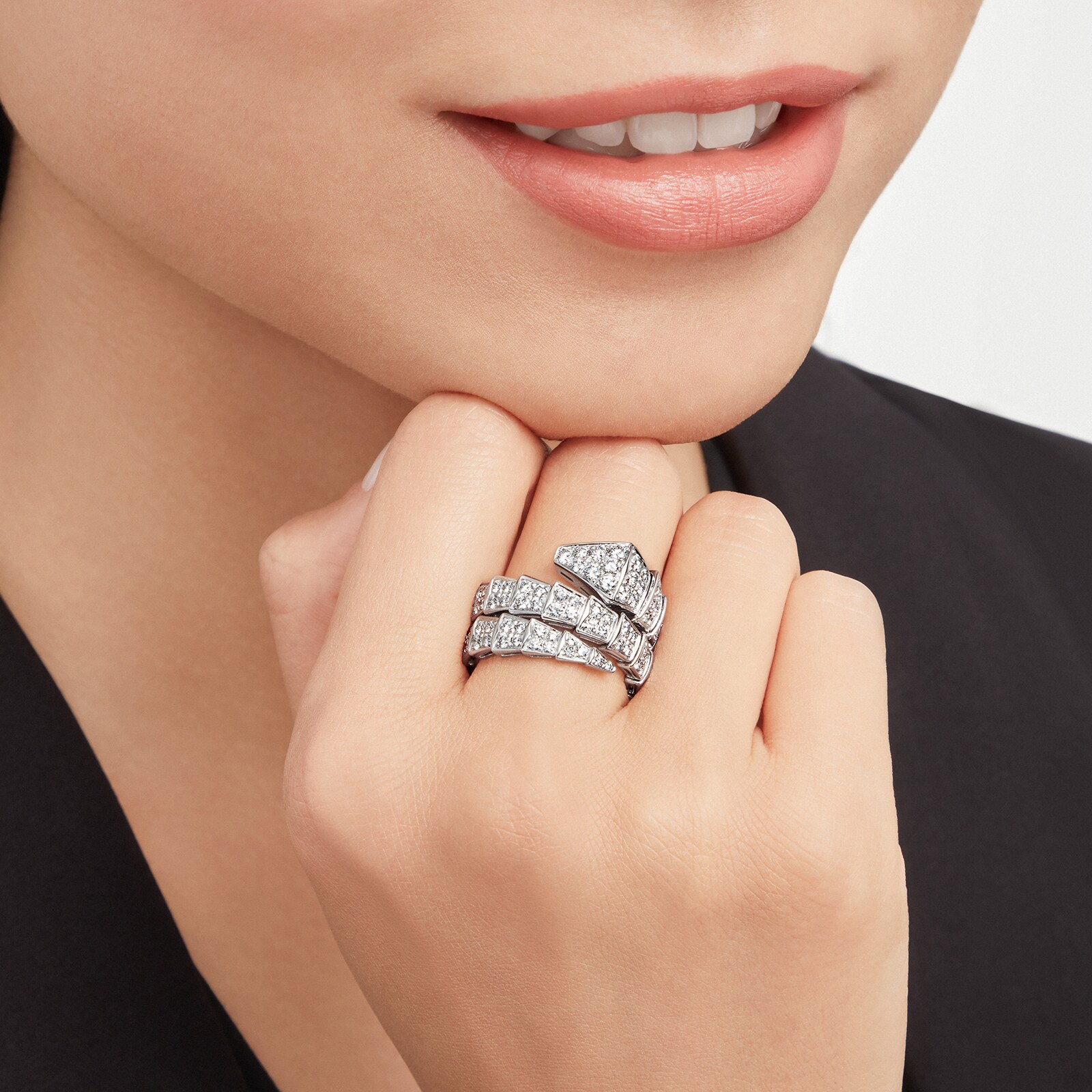 Bvlgari Jewelry 18k White Gold Serpenti Viper 2.77cttw 2 Row Full Pave Diamond Ring - Size Medium