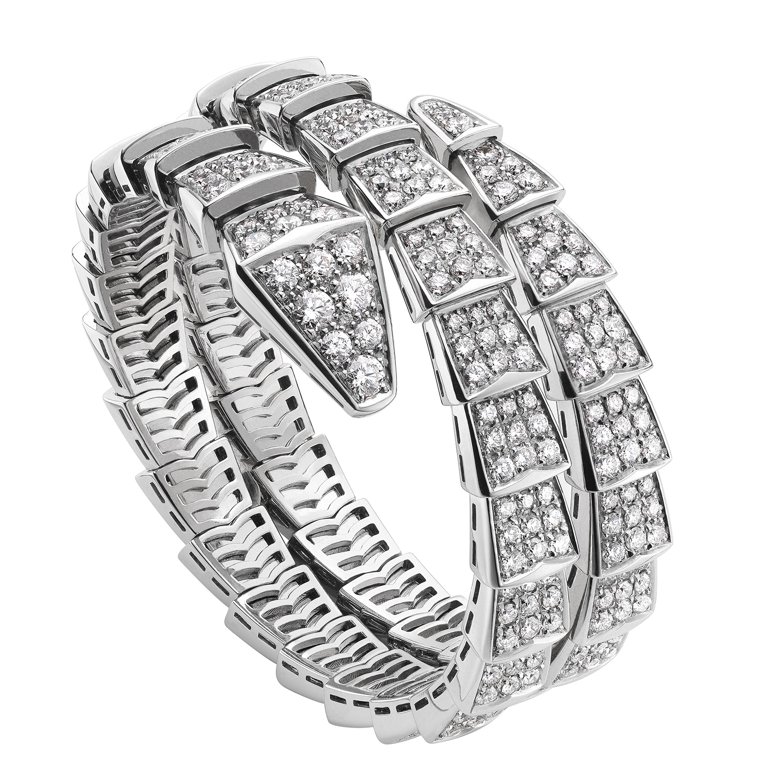 Bvlgari Jewelry 18k White Gold Serpenti Viper  2 Row Full Pave Diamond  Bracelet - Size Medium 345203 | Mayors