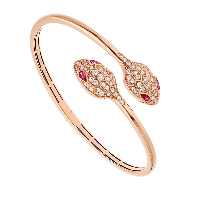 Bvlgari Jewelry 18k Rose Gold 1.08cttw Diamond and Rubellite Serpenti Bracelet Size Small