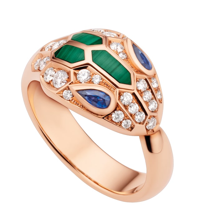 Bvlgari Jewelry 18k Rose Gold Serpenti 0.21cttw Sapphire and 0.38cttw Diamond and Malachite Ring - Size 6.5