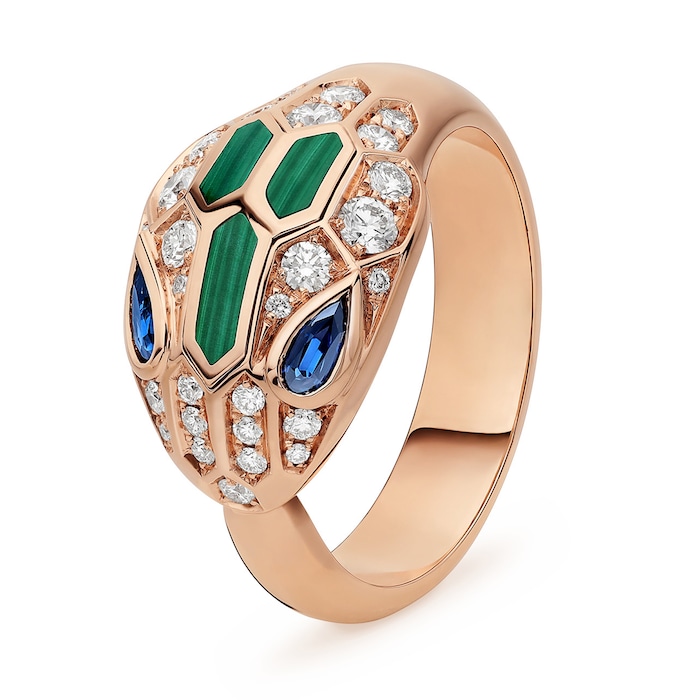 Bvlgari Jewelry 18k Rose Gold Serpenti 0.21cttw Sapphire and 0.38cttw Diamond and Malachite Ring - Size 6.5