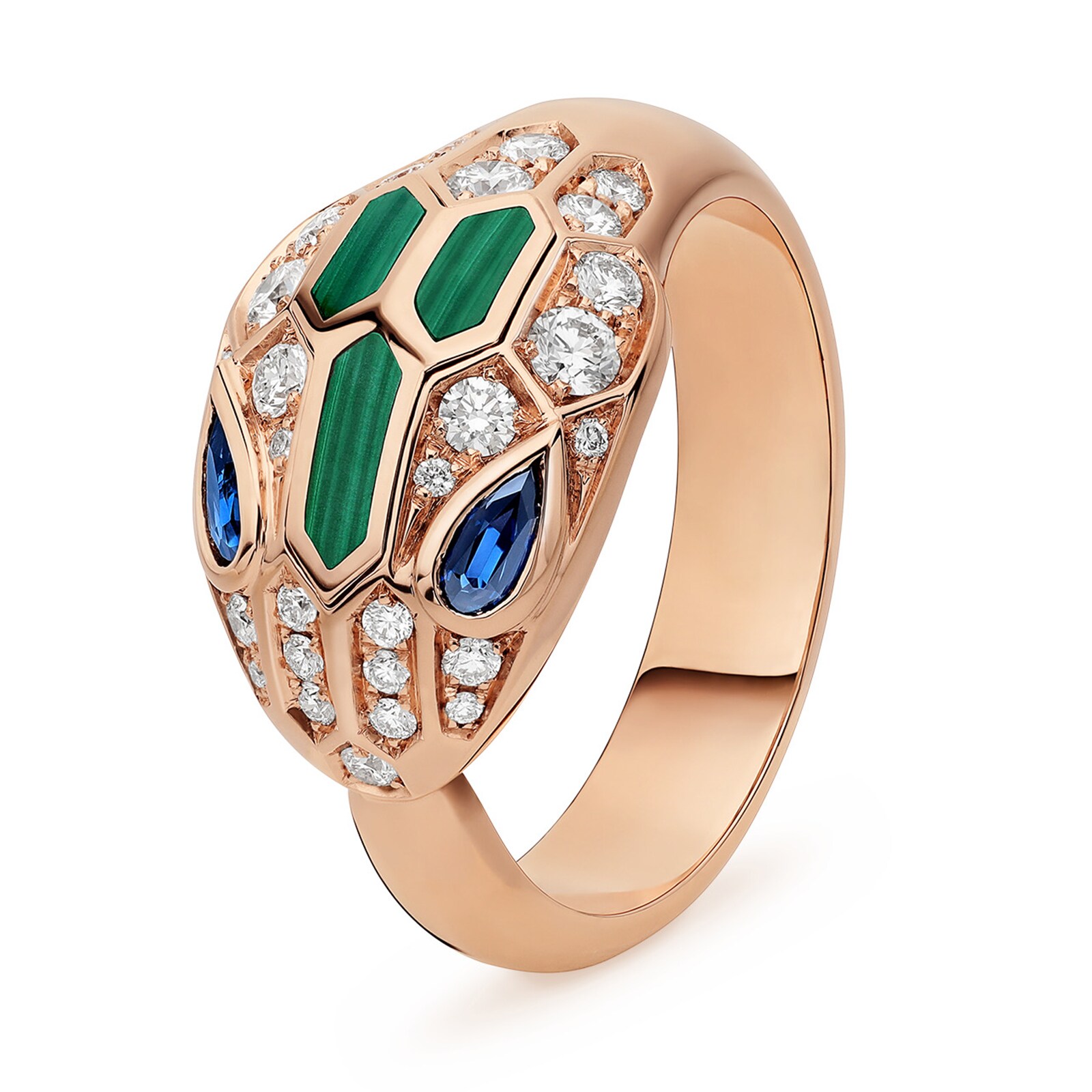 Bvlgari Jewelry 18k Rose Gold Serpenti 0.21cttw Sapphire and 0.38cttw Diamond and Malachite Ring - Size 6.5