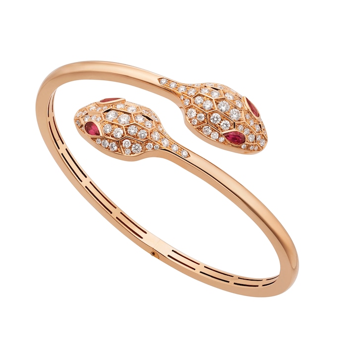 Bvlgari Jewelry 18k Rose Gold Serpenti 1.08cttw Diamond and Rubellite Bracelet - Size Medium