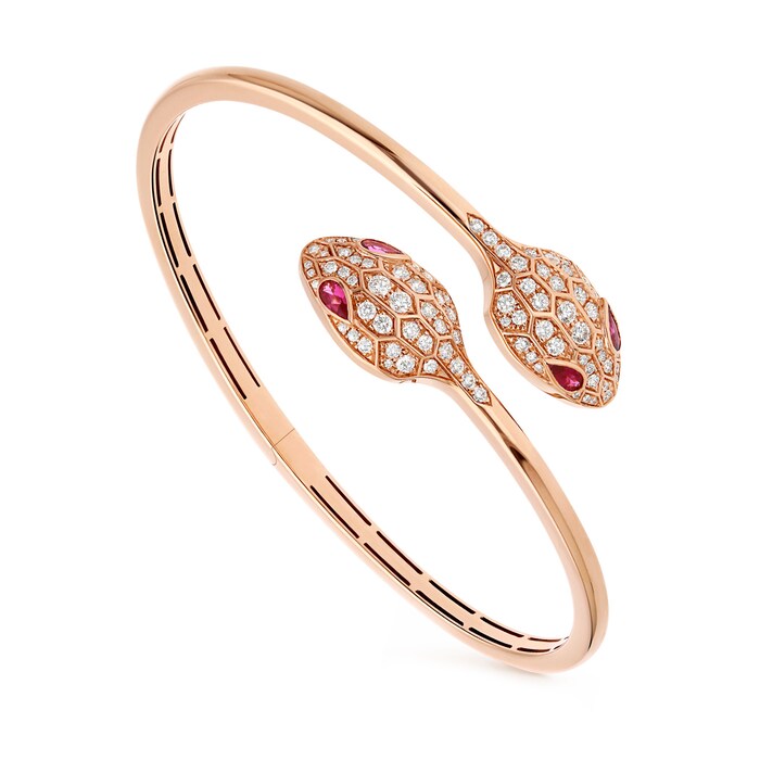 Bvlgari Jewelry 18k Rose Gold Serpenti 1.08cttw Diamond and Rubellite Bracelet - Size Medium