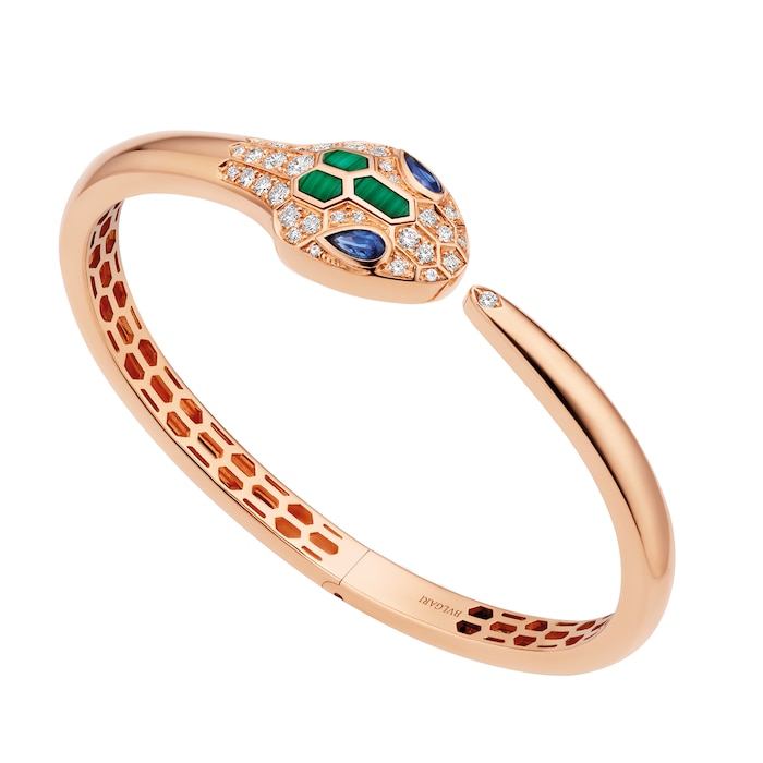 Bvlgari Jewelry 18k Rose Gold Serpenti 0.40cttw Sapphire and 0.50cttw Diamond and Malachite Bracelet - Size Medium