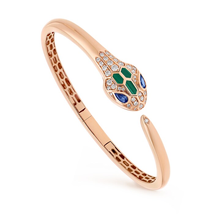 Bvlgari Jewelry 18k Rose Gold Serpenti 0.40cttw Sapphire and 0.50cttw Diamond and Malachite Bracelet - Size Medium