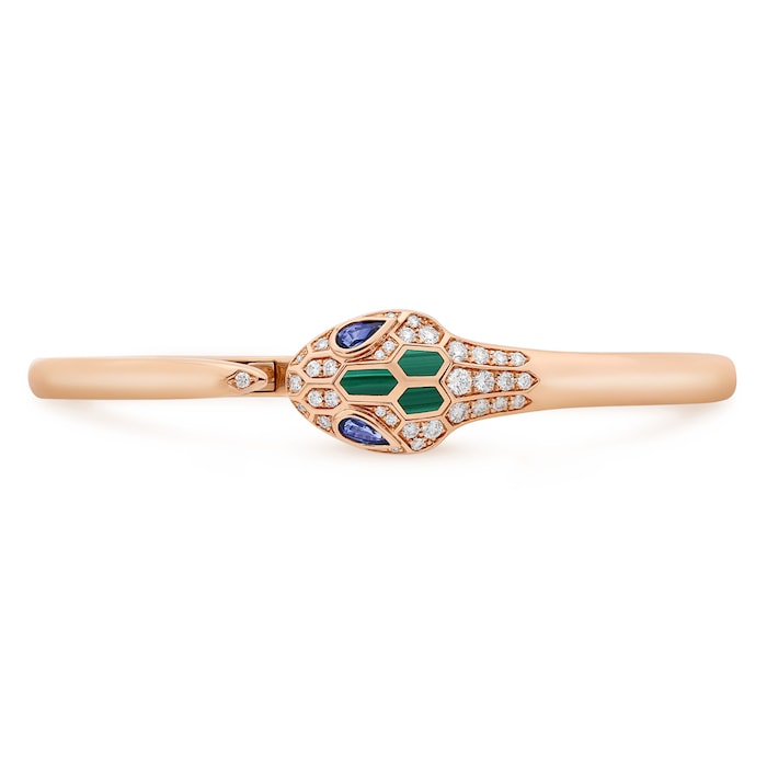 Bvlgari Jewelry 18k Rose Gold Serpenti 0.40cttw Sapphire and 0.50cttw Diamond and Malachite Bracelet - Size Medium