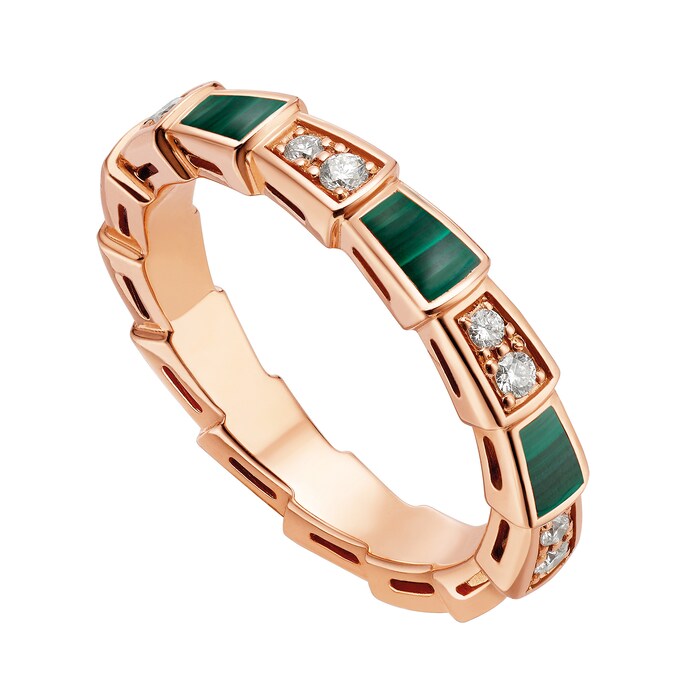 BVLGARI JEWELRY 18k Rose Gold Serpenti Viper 0.24cttw Diamond and Malachite Ring - Size 6.5