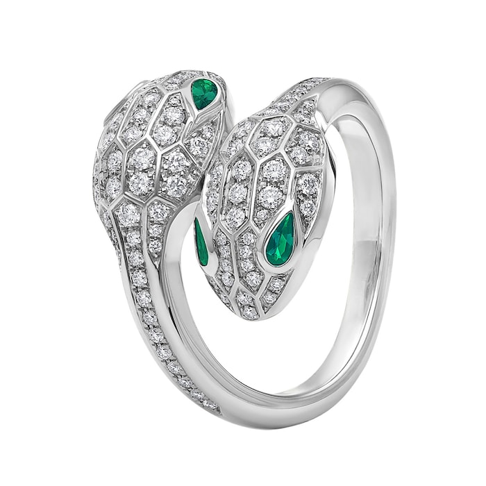 Bvlgari Jewelry 18k White Gold 0.57cttw Diamond and 0.23cttw Emerald Serpenti Ring Size 7