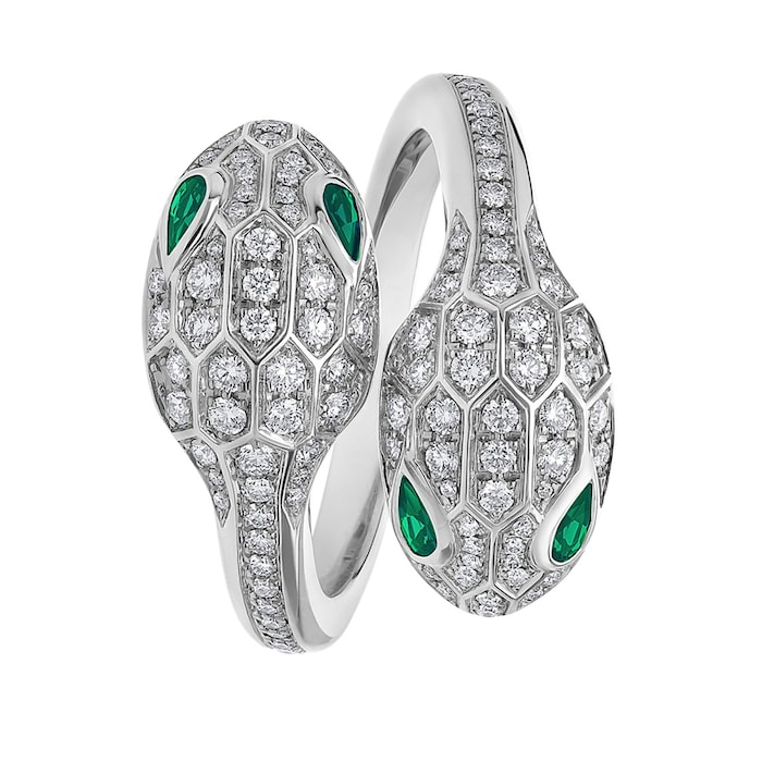Bvlgari Jewelry 18k White Gold 0.57cttw Diamond and 0.23cttw Emerald Serpenti Ring Size 7