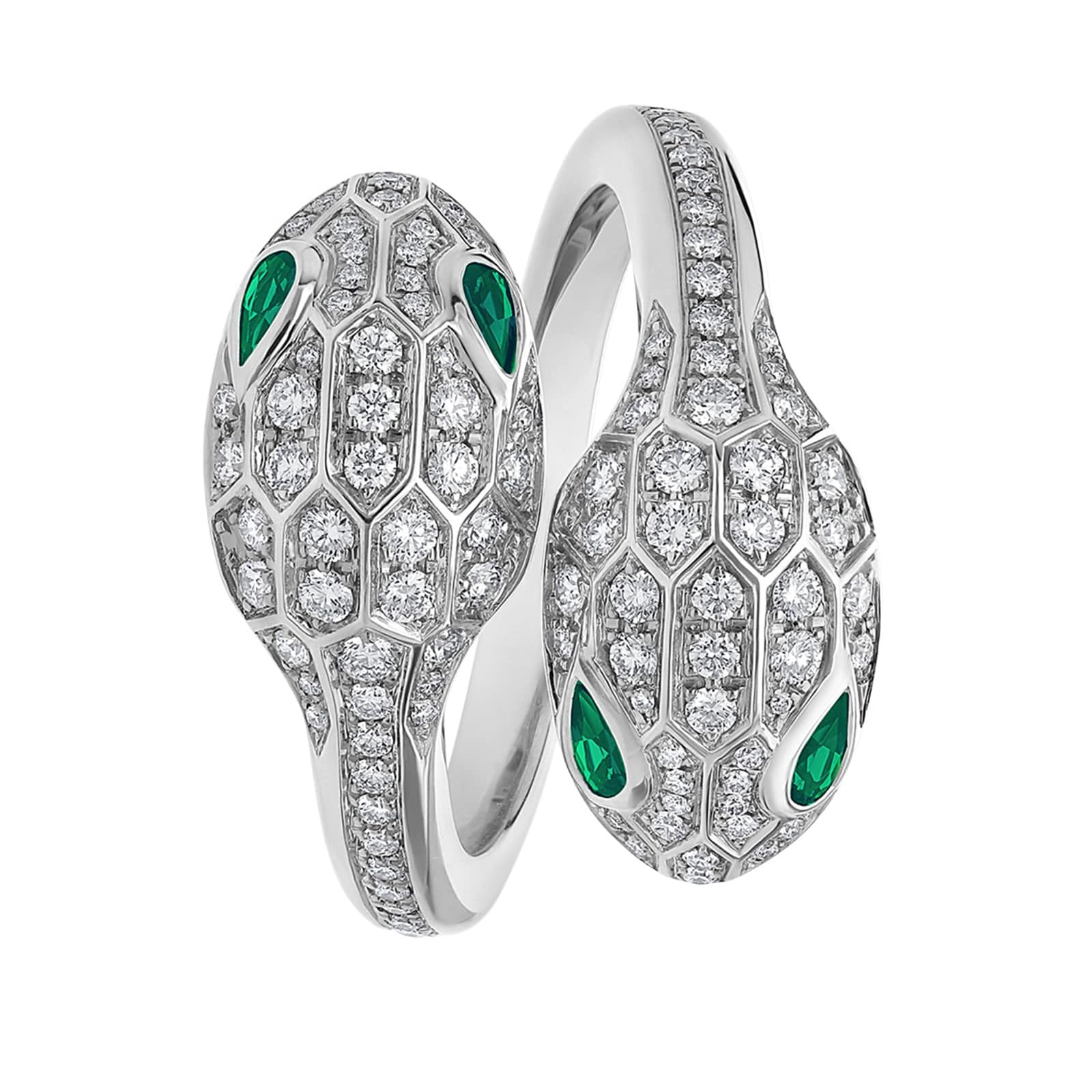 Bvlgari Jewelry 18k White Gold 0.57cttw Diamond and 0.23cttw Emerald Serpenti Ring Size 7