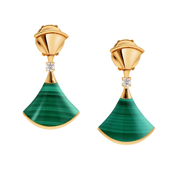 Bvlgari Jewelry 18k Yellow Gold 0.07cttw Diamond and Malachite Divas' Dream Earrings