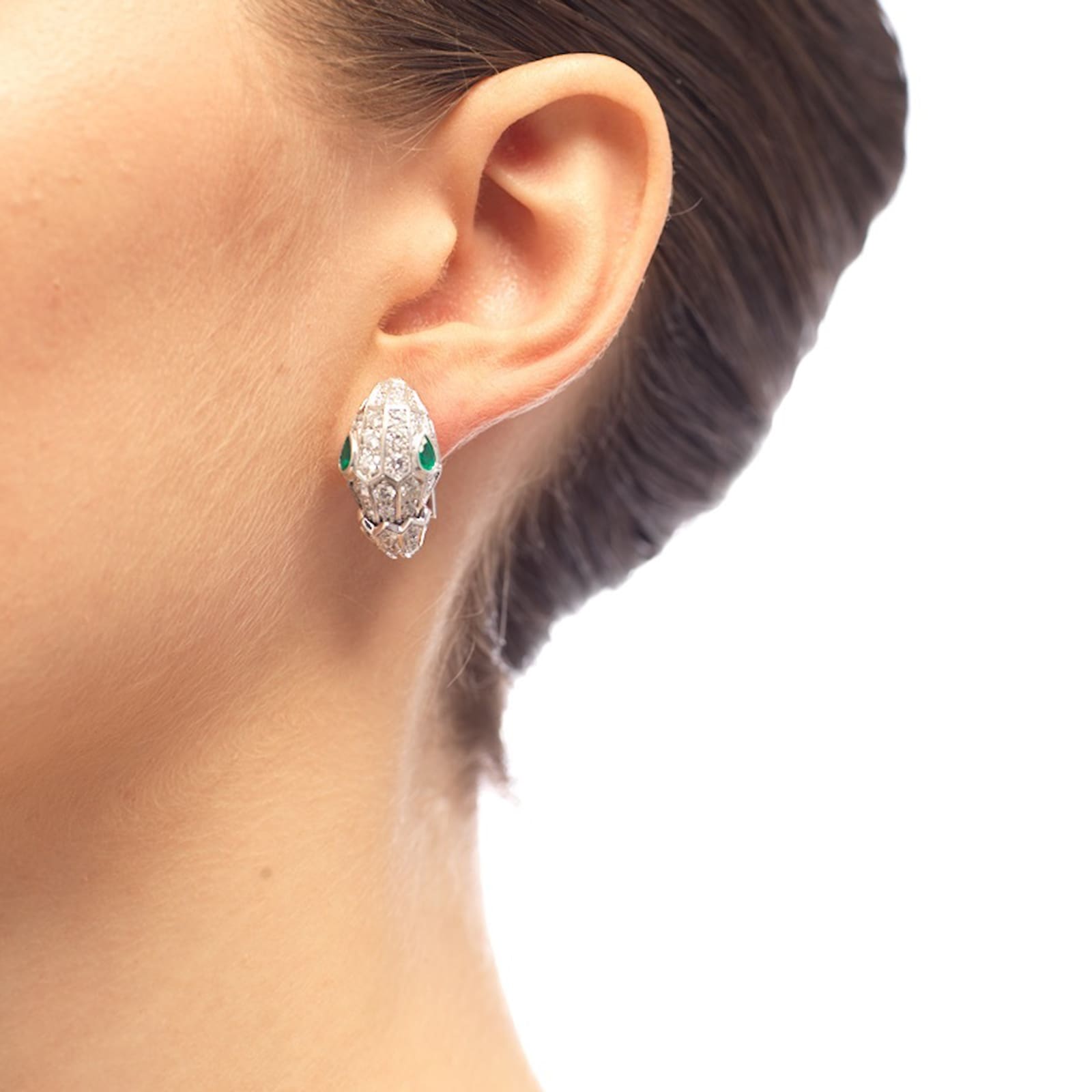 Bvlgari Jewelry 18K White Gold Serpenti Diamond & Emerald Snake Earrings