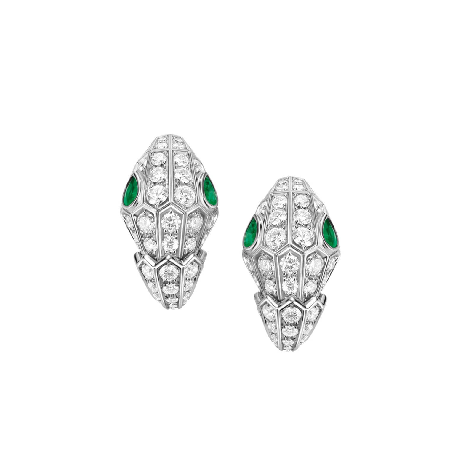 Bvlgari Jewelry 18K White Gold Serpenti Diamond & Emerald Snake Earrings