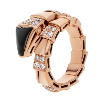 Bvlgari Jewelry 18k Rose Gold 0.83cttw Diamond and Onyx Serpenti Viper 1 Row Ring Size Large