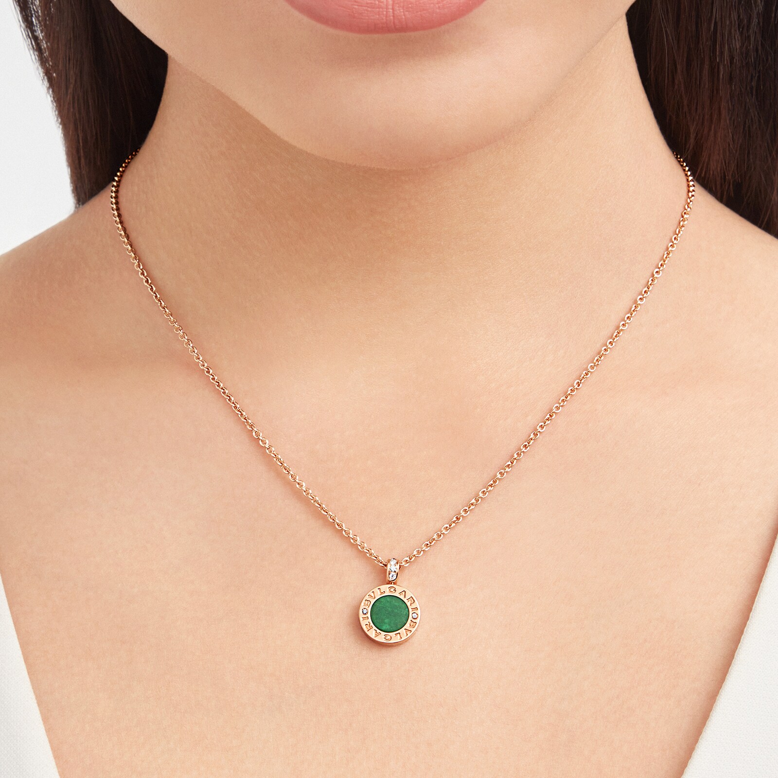 Bvlgari Jewelry 18k Rose Gold Bvlgari Bvlgari 0.28cttw Diamond and Jade Necklace 16-17 Inch