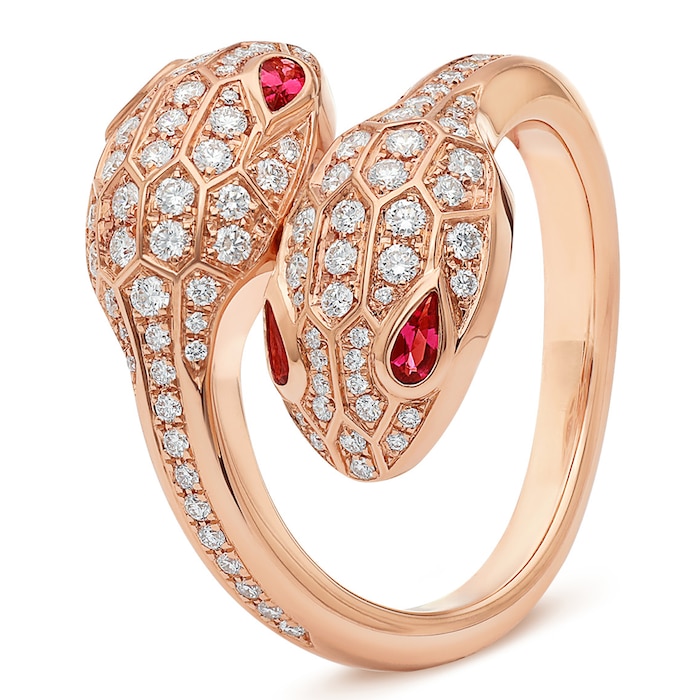 Bvlgari Jewelry 18k Rose Gold Serpenti Seduttori 0.57cttw Diamond and Rubellite Ring - Size 6.5