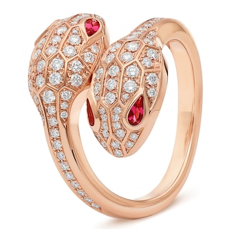 Bvlgari Jewelry 18k Rose Gold Serpenti Seduttori 0.57cttw Diamond and Rubellite Ring - Size 6.5