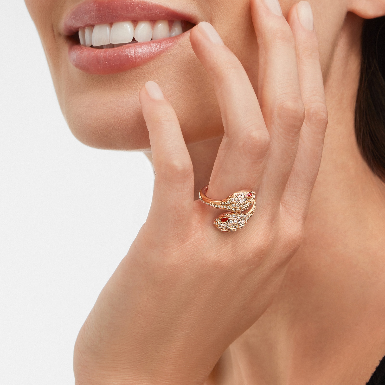 Bvlgari Jewelry 18k Rose Gold Serpenti Seduttori 0.57cttw Diamond and Rubellite Ring - Size 6.5