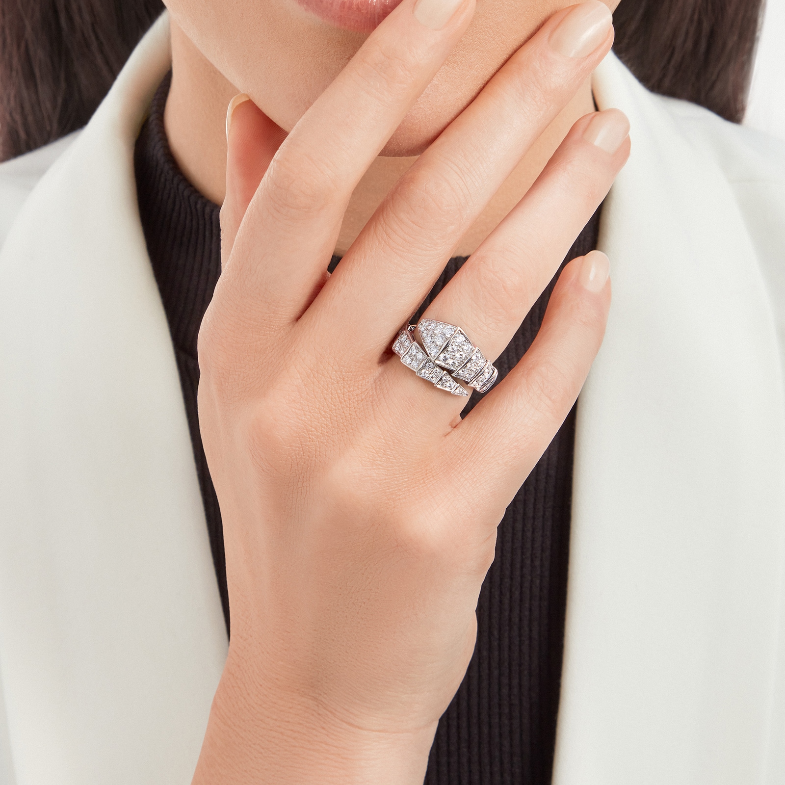 Bvlgari Jewelry 18k White Gold Serpenti Viper 1.58cttw Pave Diamond Ring - Size Medium