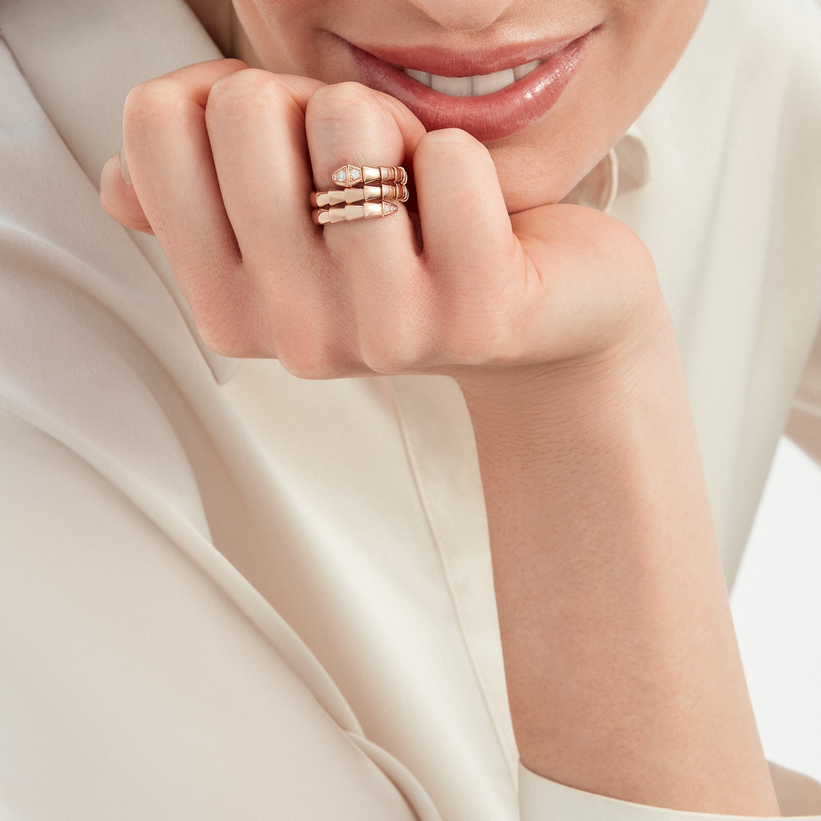 Bvlgari Jewelry 18k Rose Gold Serpenti Viper 2 Row 0.10cttw Full Pave Diamond Ring - Size Medium