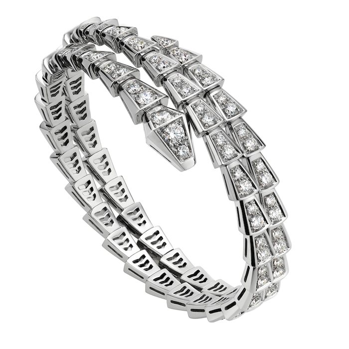 Bvlgari Jewelry 18k White Gold Serpenti Viper 2 Row 5.42cttw Full Pave Diamond Bracelet - Size Medium