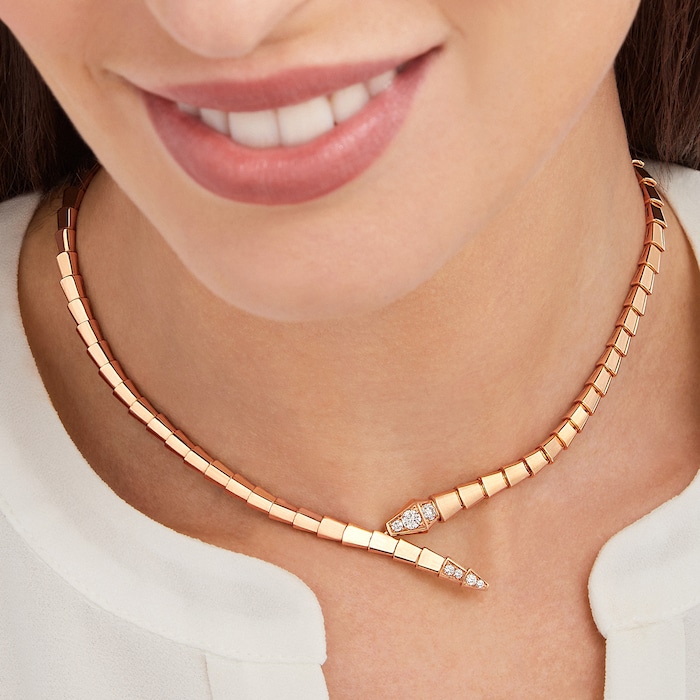 Bvlgari Jewelry 18k Rose Gold Serpenti Viper 0.41cttw Diamond Necklace - Size Medium