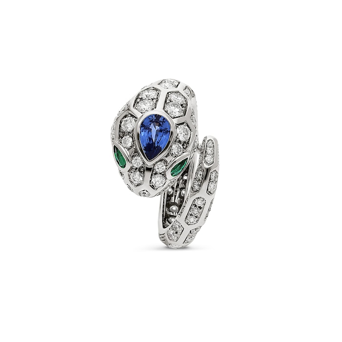 Bvlgari Jewelry 18k White Gold 1.35cttw Diamond and 0.58cttw Sapphire Serpenti Ring Size 6.5